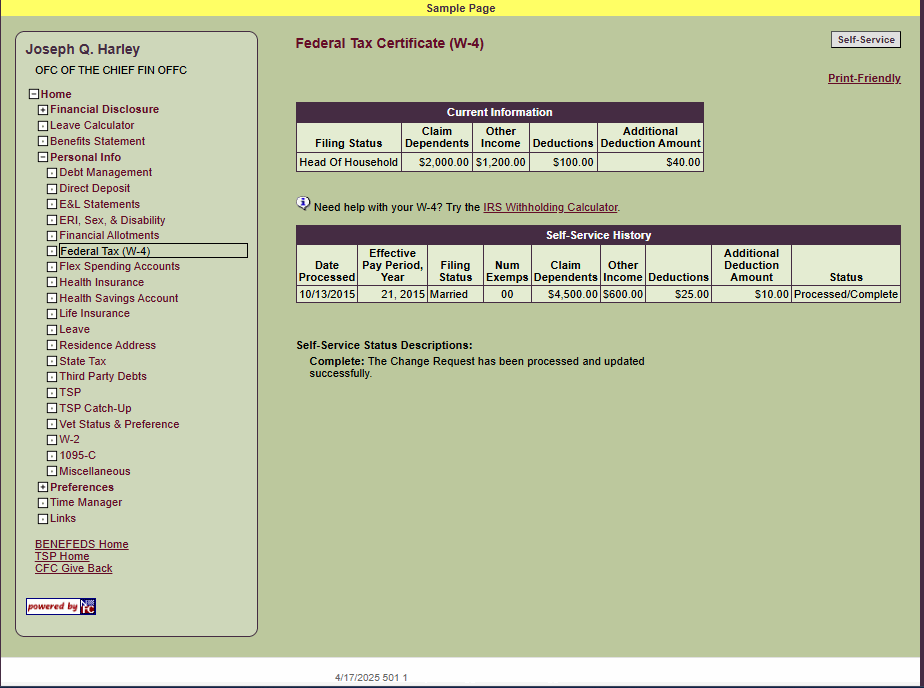 EPP Federal Tax Certificate (W-4) Page